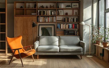 Sunlit living room with grey sofa, orange armchair, wooden bookcase, and plants.