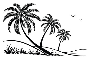 coconut tress silhouette on white background black color line art A.eps
