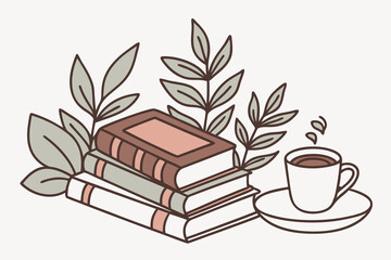 books, plants and coffee sticker white background H.eps