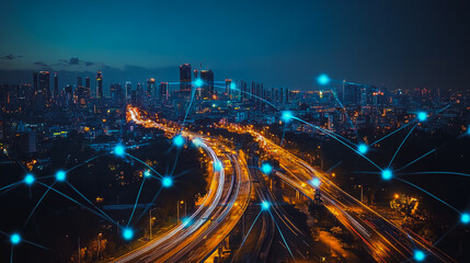 Fototapeta premium Smart digital city with connection cyber security network reciprocity over the cityscape . future smart wireless digital city and social media networking systems that connects people within the city