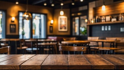 Empty wooden table top with lights bokeh on blur restaurant background