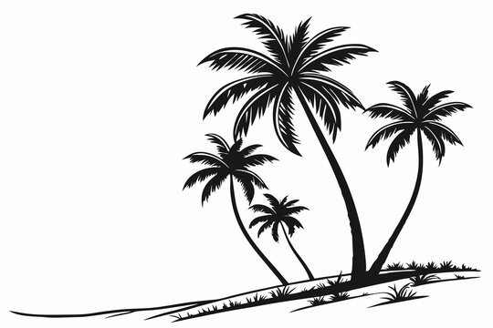 coconut tress silhouette on white background black color line art D.eps