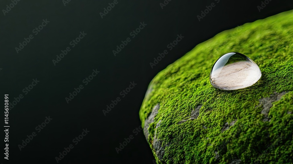 Poster macro natural idea. a close-up view of a water droplet resting on moss-covered stone.