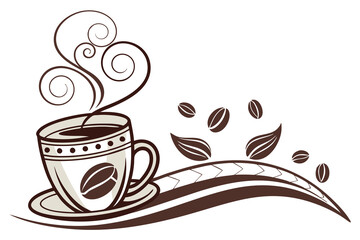 cup with steaming coffee, include coffee bean elements. color scheme F.eps