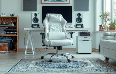 Modern white leather office chair in stylish home studio, near computer, speakers & rug. Perfect for productivity, comfort, and gaming.