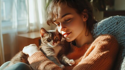 Portrait of a young woman with a Hungarian Pointer dog and a small kitten in her arms lying at home