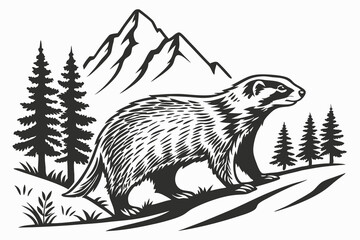 laser engraving wildlife animal black on white forest mountain white background E.eps