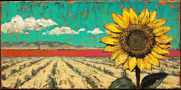 Sunflower in Rustic Farm Field Landscape