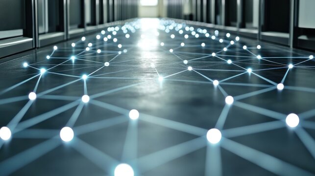 Illuminated network nodes on server room floor.