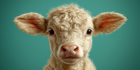 Obraz premium Cute Curly-Haired Calf Against Teal Background
