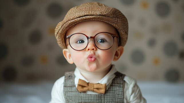 Close up portrait of cute little baby boy wearing smart outfit and eyeglasses giving a kiss.