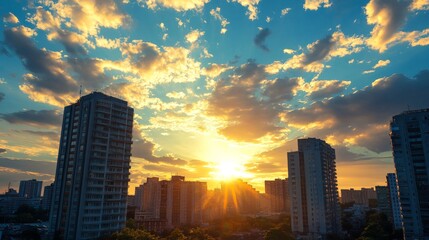 Obraz premium Sunset over the city skyline with colorful clouds