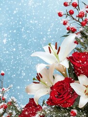 Fototapeta premium Beautiful Christmas Bouquet with White Lilies and Red Roses Surrounded by Snowflakes on a Soft Blue Background, Perfect for Holiday Celebrations and Festive Decor