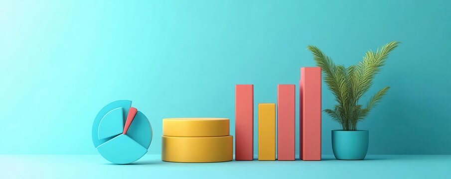 Statistical report visualization flat design side view informative theme 3D render split-complementary color scheme