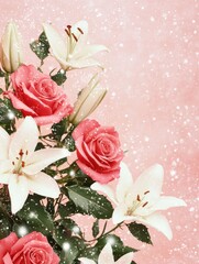 Elegant Christmas Bouquet Featuring Roses and Lilies Set Against a Snowy Background in Soft Pastel Colors for Seasonal Celebration and Holiday Decor