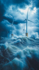 Obraz premium Majestic Group of Wind Turbines Standing Tall in the Turbulent Ocean Against a Clear Blue Sky Evoking Clean Energy and Innovation