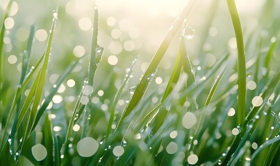 Dew drops on green grass blades at sunrise.