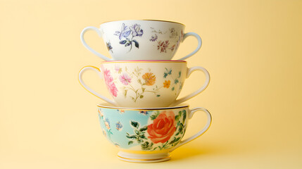 Three cups stacked on top of each other with floral designs. The cups are arranged in a way that they are all facing the same direction