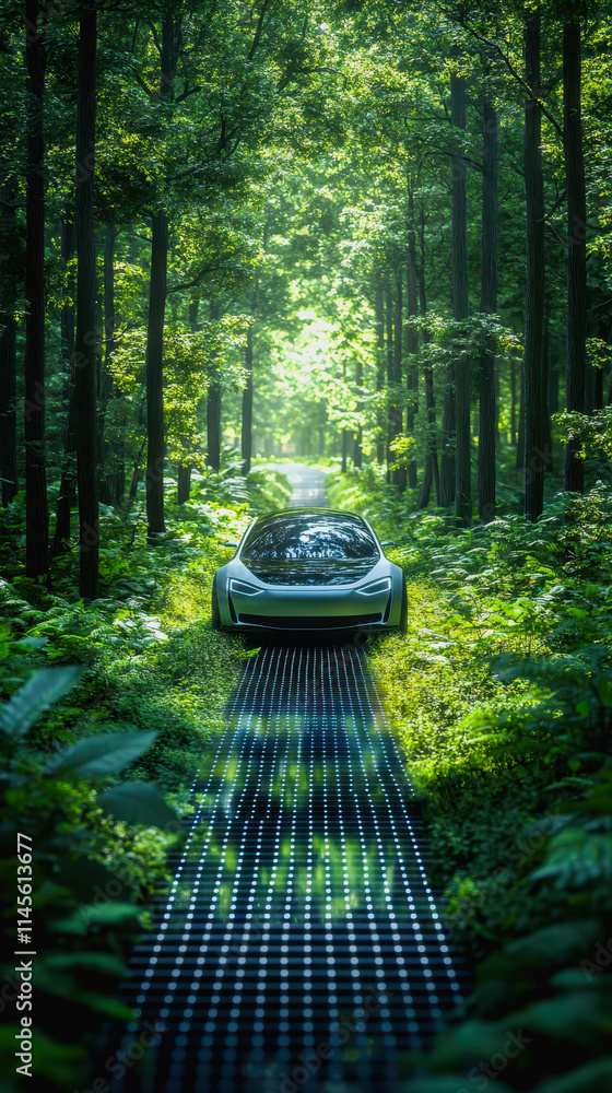 Poster a car drives through a lush forest with bright light shining above creating an enchanting and advent