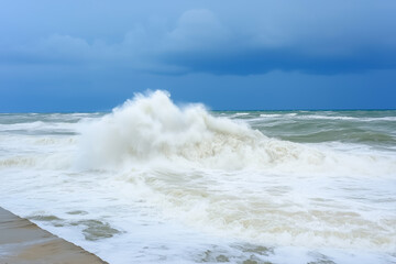 Massive ocean wave crashing onto the shore under a moody, stormy blue sky, raw nature