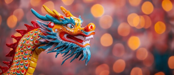 Obraz premium Dragon dance and celebrating chinese new year heritage concept. Colorful dragon sculpture against a blurred bokeh background.