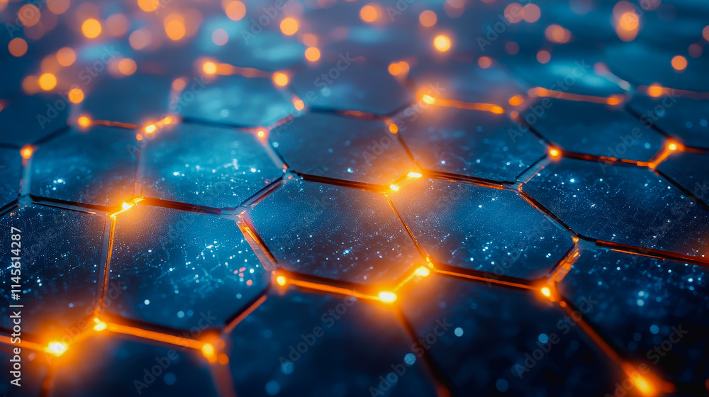 Poster close up of illuminated hexagon shape with bright lights creating a modern and artistic atmosphere i