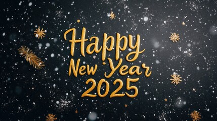 Happy New Year 2025 golden text on black snowy background.