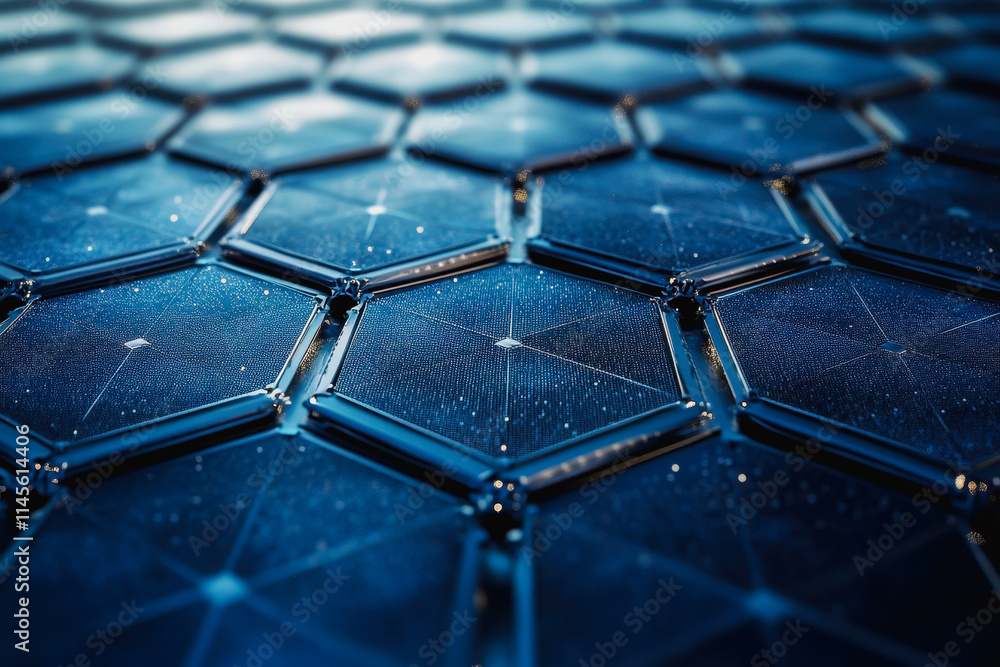 Poster close up of a vivid blue hexagon showcasing intricate textures and geometric patterns evoking a sens