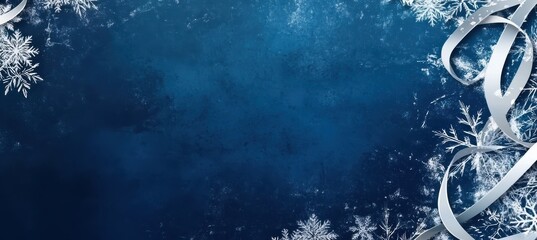 Blue Background with White Ribbons and Snowflakes.