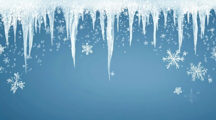Blue Winter Background with Snowflakes and Icicles.