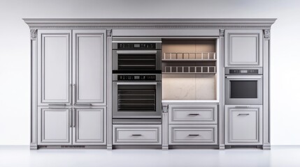 Elegant gray kitchen wall unit with integrated ovens, refrigerator, and storage.