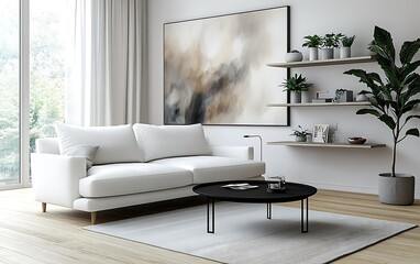Minimalist living room interior design with white sofa, black coffee table, and floating shelves displaying plants and decor against a backdrop of large window and abstract art.
