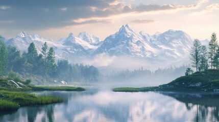 Fototapeta premium Serene Alpine Landscape with Calm Waters and Snow-Capped Peaks