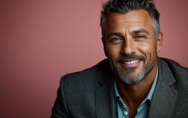 Fototapeta premium Asian man with a smile on his face is wearing a suit and a shirt in studio color background