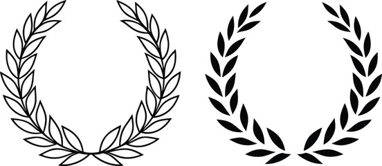 Two simple laurel wreaths are displayed. One is an outline, the other is filled black. Both are circular and formed of stylized leaves.
