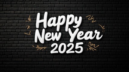 Obraz premium Happy New Year 2025 greeting on a black brick wall.