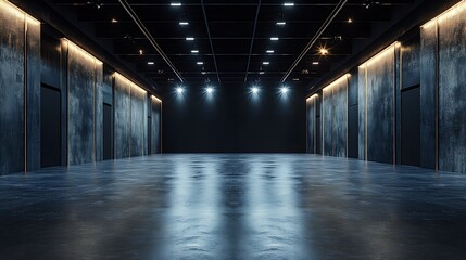 Dark, sleek, empty industrial space with polished concrete floor and accent lighting.
