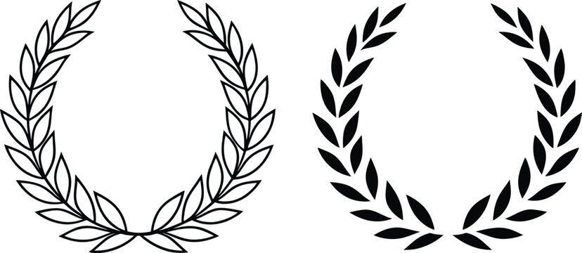 Two simple laurel wreaths are displayed. One is an outline, the other is filled black. Both are circular and formed of stylized leaves.