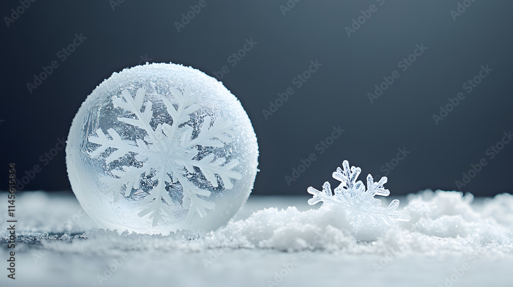 Aufkleber a frosted glass sphere with a snowflake design sits on a snowy surface, next to a smaller snowflake.