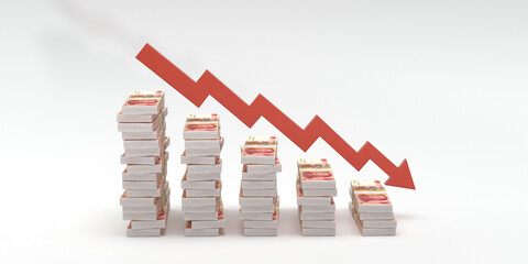 a 3d render of decreasing stacks of renminbi, illustrating a negative economic trend. a graphic representation of financial decline.