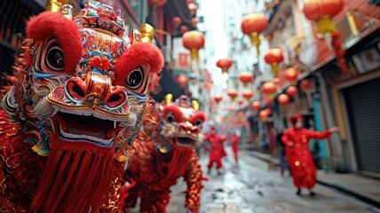 Fototapeta premium Dragon dance and celebrating chinese new year heritage concept. Vibrant lion dance performers in a festive street adorned with red lanterns.