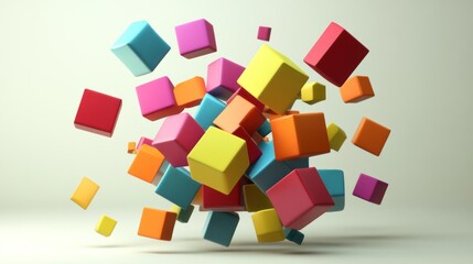 Obraz premium Abstract Colorful Cubes Exploding in 3D Space: A Vivid Display of Geometric Shapes and Dynamic Energy