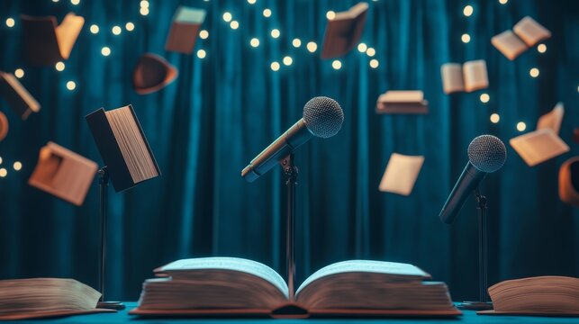 An open book with microphones on either side, surrounded by floating books and twinkling lights, creating a magical literary atmosphere.