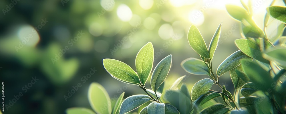 Poster Micro foliage idea. Close-up of vibrant green leaves with soft sunlight creating a tranquil atmosphere.