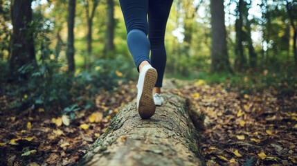 Woman walking on a log in the forest and balancing: physical exercise, healthy lifestyle and harmony concept