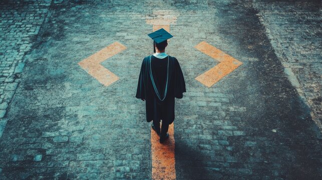 A graduate stands at a crossroads, contemplating their future direction after completing their studies.