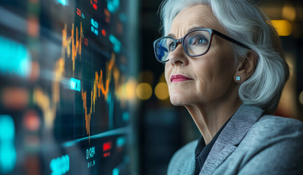 Elderly Businessman in Glasses and Gray Suit Viewing Stock Market Graph on Digital Screen