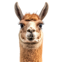 Front view close up of an extremely perfect looking single llama isolated on a white transparent background