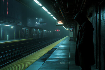 A dimly lit subway station with glowing lights and the platform stretching into the distance