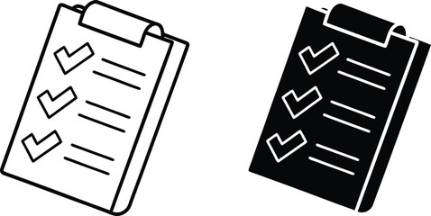 Two clipboard checklist icons are shown. One is a line drawing, the other is filled black. Both feature checkmarks on a todo list.